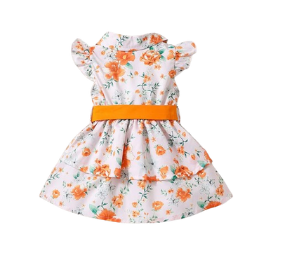The Romy - Baby Girl Orange Floral Dress Green Leaf Print Fly Sleeve Belted Outfit