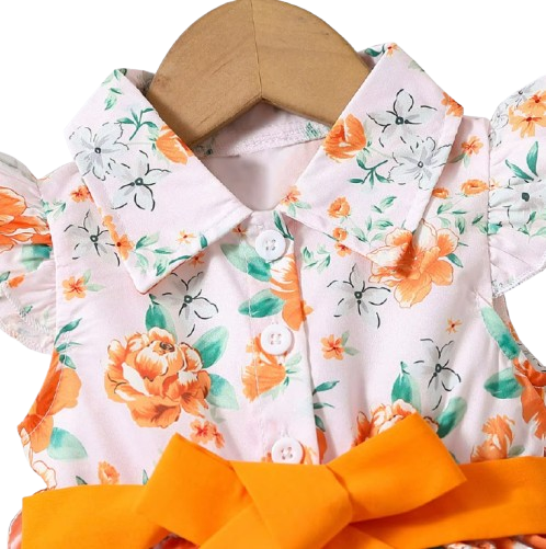 The Romy - Baby Girl Orange Floral Dress Green Leaf Print Fly Sleeve Belted Outfit