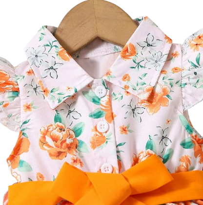 The Romy - Baby Girl Orange Floral Dress Green Leaf Print Fly Sleeve Belted Outfit