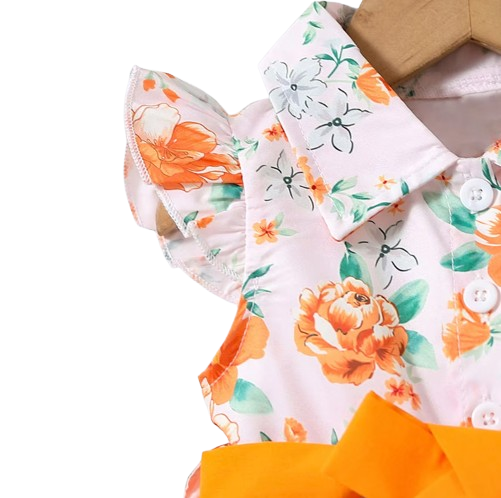 The Romy - Baby Girl Orange Floral Dress Green Leaf Print Fly Sleeve Belted Outfit