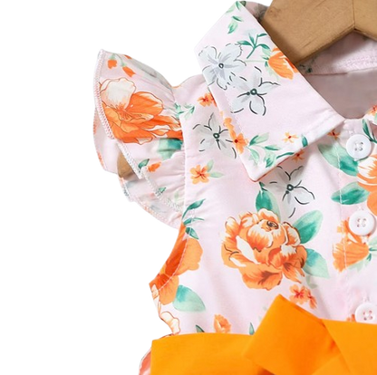The Romy - Baby Girl Orange Floral Dress Green Leaf Print Fly Sleeve Belted Outfit