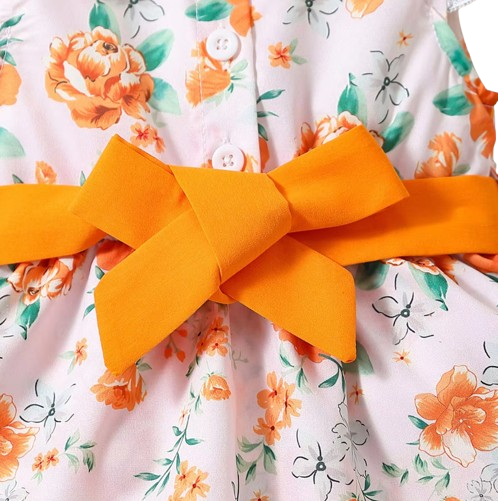 The Romy - Baby Girl Orange Floral Dress Green Leaf Print Fly Sleeve Belted Outfit