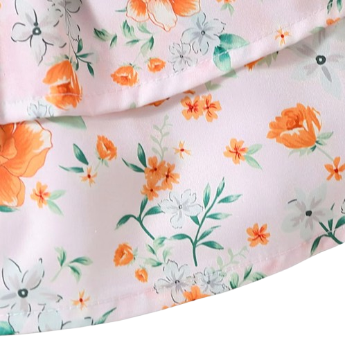The Romy - Baby Girl Orange Floral Dress Green Leaf Print Fly Sleeve Belted Outfit