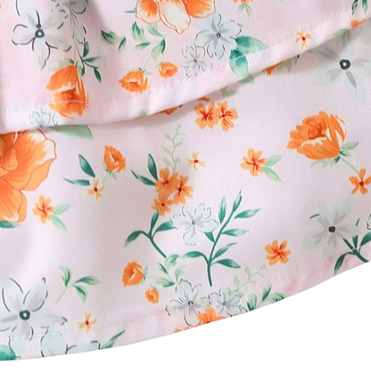 The Romy - Baby Girl Orange Floral Dress Green Leaf Print Fly Sleeve Belted Outfit