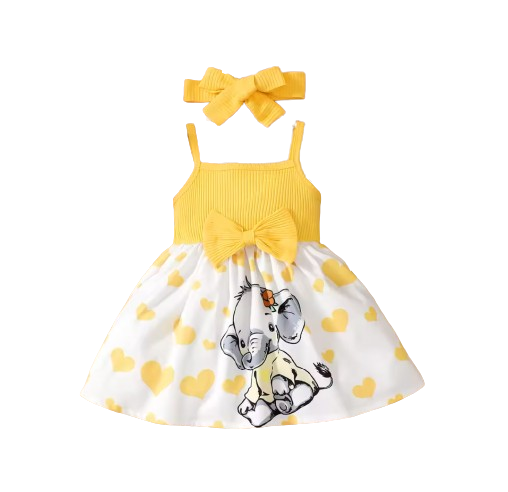 The Averie - Baby Girl Summer Heart Elephant Print Suspender Dress Cute Toddler Outfit