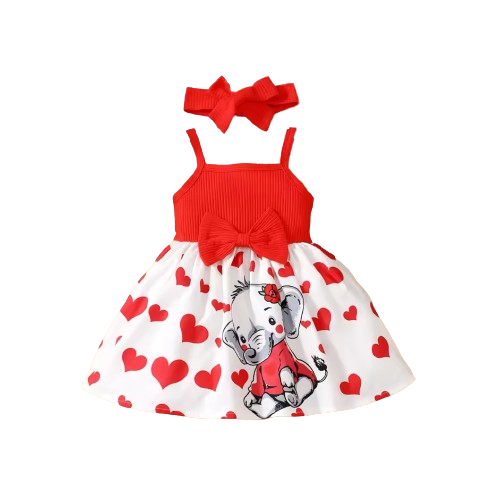 The Averie - Baby Girl Summer Heart Elephant Print Suspender Dress Cute Toddler Outfit