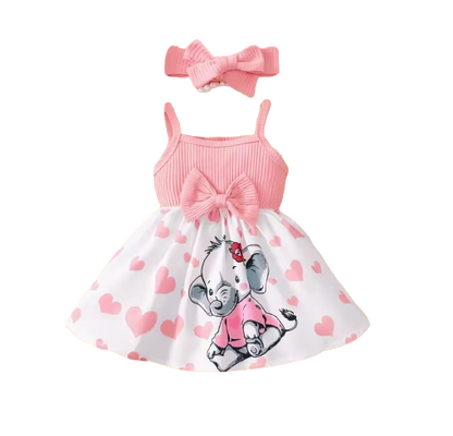 The Averie - Baby Girl Summer Heart Elephant Print Suspender Dress Cute Toddler Outfit