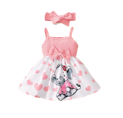 The Averie - Baby Girl Summer Heart Elephant Print Suspender Dress Cute Toddler Outfit