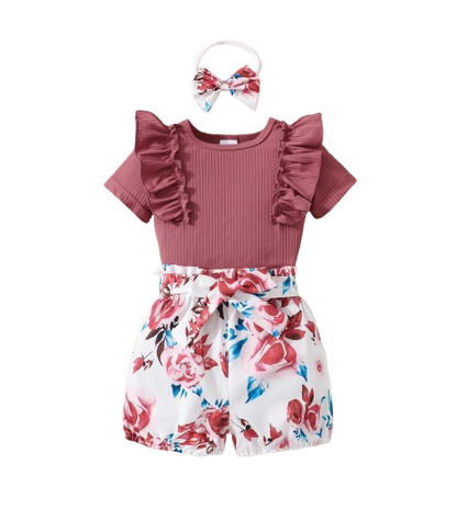 The Nia - Baby Girl Red Ribbed Top Rose Print Shorts & Scrunchie 3PC Summer Outfit