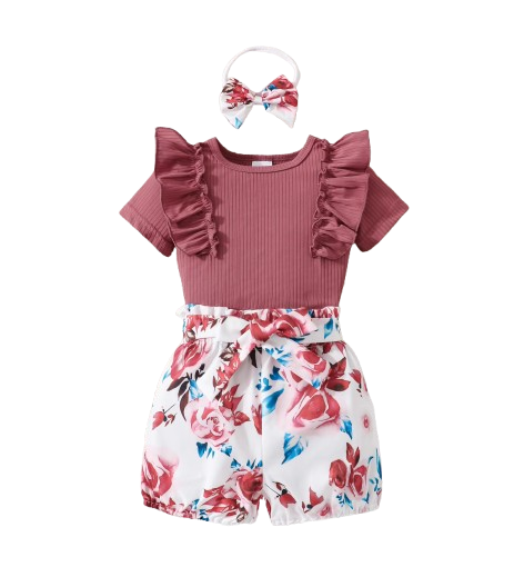 The Nia - Baby Girl Red Ribbed Top Rose Print Shorts & Scrunchie 3PC Summer Outfit