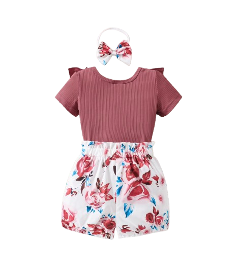 The Nia - Baby Girl Red Ribbed Top Rose Print Shorts & Scrunchie 3PC Summer Outfit