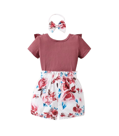 The Nia - Baby Girl Red Ribbed Top Rose Print Shorts & Scrunchie 3PC Summer Outfit