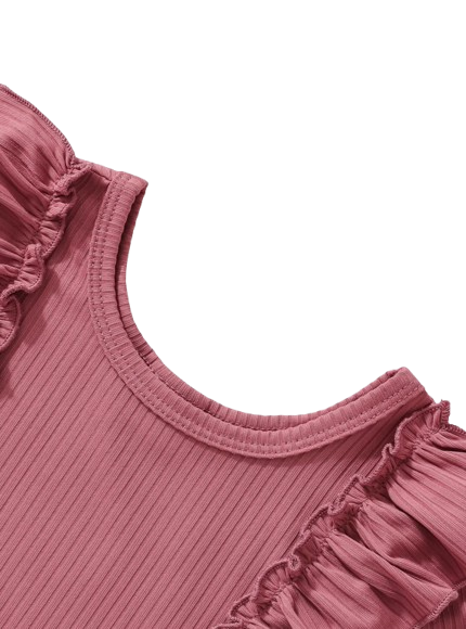 The Nia - Baby Girl Red Ribbed Top Rose Print Shorts & Scrunchie 3PC Summer Outfit