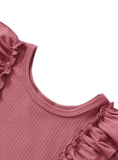 The Nia - Baby Girl Red Ribbed Top Rose Print Shorts & Scrunchie 3PC Summer Outfit