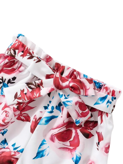 The Nia - Baby Girl Red Ribbed Top Rose Print Shorts & Scrunchie 3PC Summer Outfit