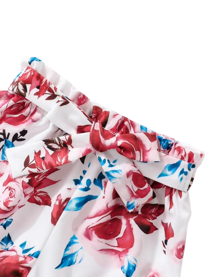The Nia - Baby Girl Red Ribbed Top Rose Print Shorts & Scrunchie 3PC Summer Outfit
