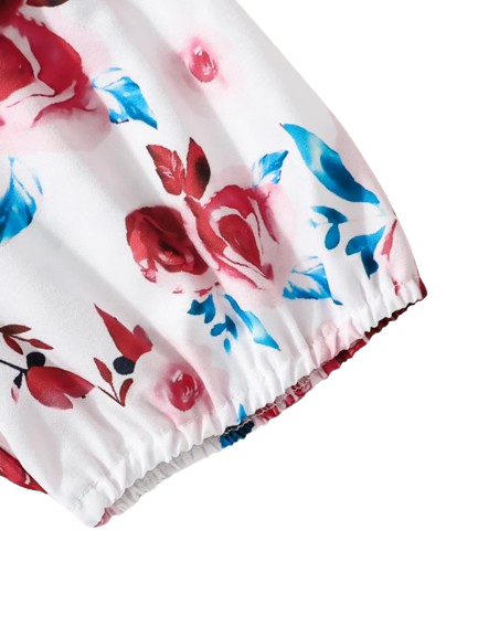 The Nia - Baby Girl Red Ribbed Top Rose Print Shorts & Scrunchie 3PC Summer Outfit