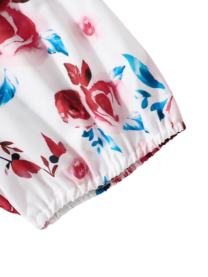 The Nia - Baby Girl Red Ribbed Top Rose Print Shorts & Scrunchie 3PC Summer Outfit