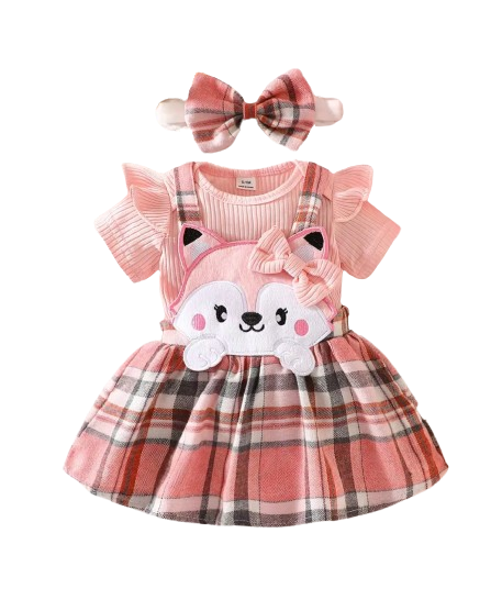 The Merritt - Newborn Girl Cartoon Romper Plaid Strap Skirt & Headband Cute Summer Outfit