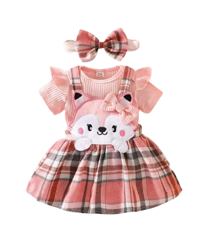 The Merritt - Newborn Girl Cartoon Romper Plaid Strap Skirt & Headband Cute Summer Outfit