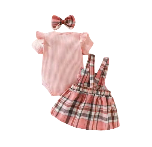 The Merritt - Newborn Girl Cartoon Romper Plaid Strap Skirt & Headband Cute Summer Outfit