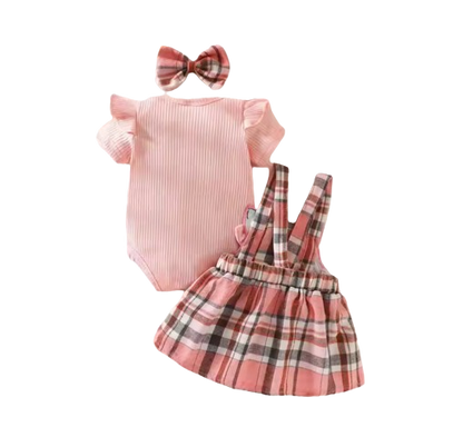 The Merritt - Newborn Girl Cartoon Romper Plaid Strap Skirt & Headband Cute Summer Outfit