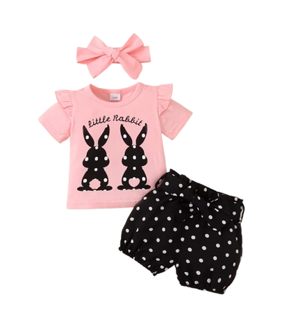 The Angie - Baby Girl 3PC Rabbit Print T-Shirt Polka Dot Shorts & Headband Outfit