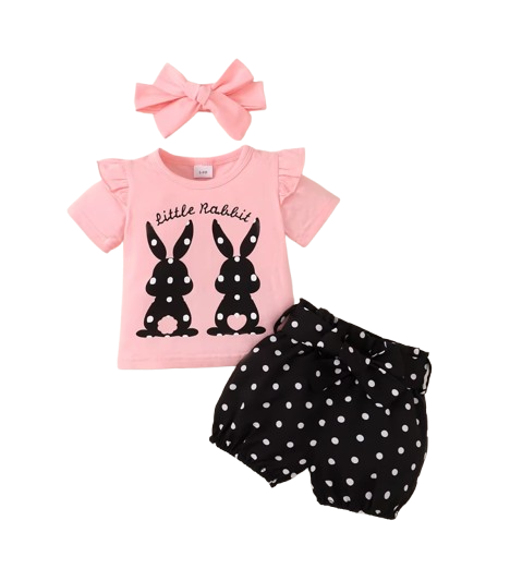 The Angie - Baby Girl 3PC Rabbit Print T-Shirt Polka Dot Shorts & Headband Outfit