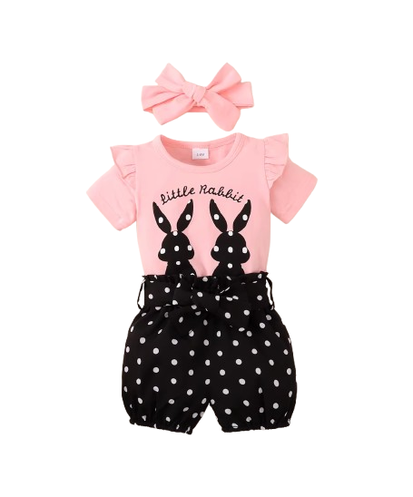 The Angie - Baby Girl 3PC Rabbit Print T-Shirt Polka Dot Shorts & Headband Outfit