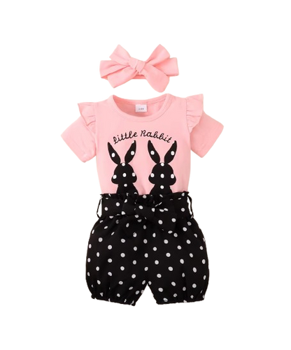 The Angie - Baby Girl 3PC Rabbit Print T-Shirt Polka Dot Shorts & Headband Outfit