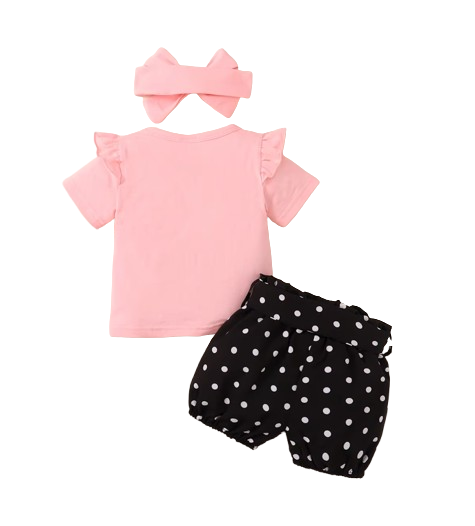 The Angie - Baby Girl 3PC Rabbit Print T-Shirt Polka Dot Shorts & Headband Outfit