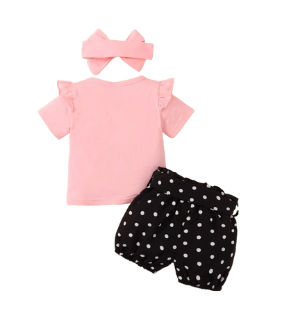 The Angie - Baby Girl 3PC Rabbit Print T-Shirt Polka Dot Shorts & Headband Outfit