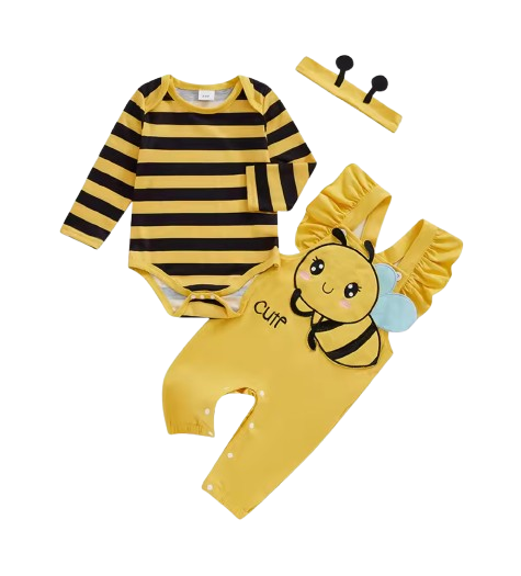 The Alena - Baby Girl Halloween Bee Costume 3-Piece Set - Long Sleeve Romper, Overalls & Headband