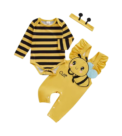 The Alena - Baby Girl Halloween Bee Costume 3-Piece Set - Long Sleeve Romper, Overalls & Headband