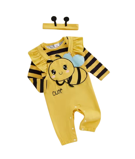 The Alena - Baby Girl Halloween Bee Costume 3-Piece Set - Long Sleeve Romper, Overalls & Headband