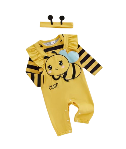 The Alena - Baby Girl Halloween Bee Costume 3-Piece Set - Long Sleeve Romper, Overalls & Headband