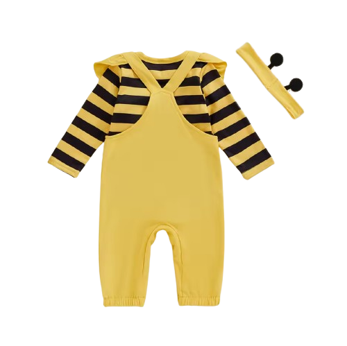 The Alena - Baby Girl Halloween Bee Costume 3-Piece Set - Long Sleeve Romper, Overalls & Headband