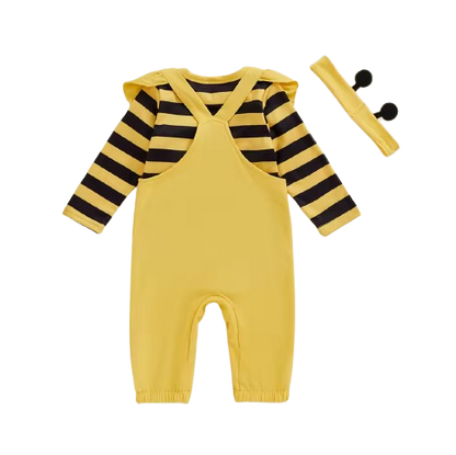 The Alena - Baby Girl Halloween Bee Costume 3-Piece Set - Long Sleeve Romper, Overalls & Headband