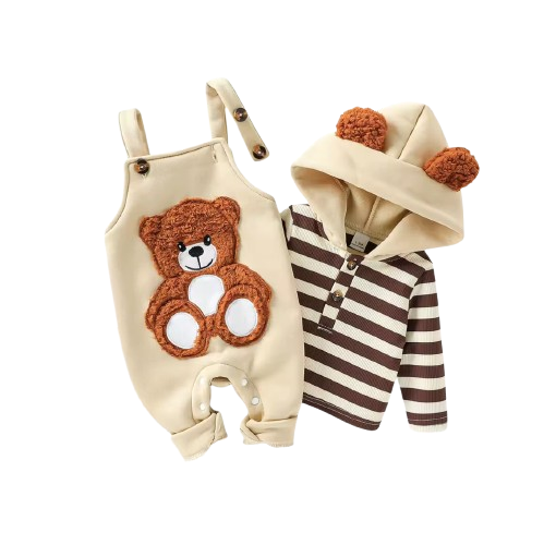 The Dennis - Baby Boy 2-Piece Outfit Set – Long Sleeve Striped Hooded Sweatshirt & Bear Embroidered Overalls
