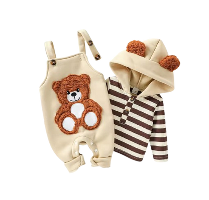 The Dennis - Baby Boy 2-Piece Outfit Set – Long Sleeve Striped Hooded Sweatshirt & Bear Embroidered Overalls