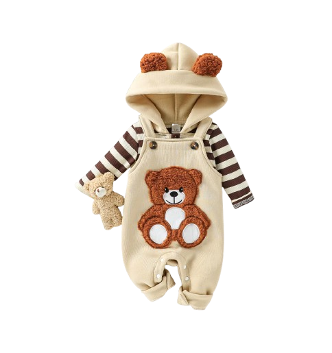 The Dennis - Baby Boy 2-Piece Outfit Set – Long Sleeve Striped Hooded Sweatshirt & Bear Embroidered Overalls