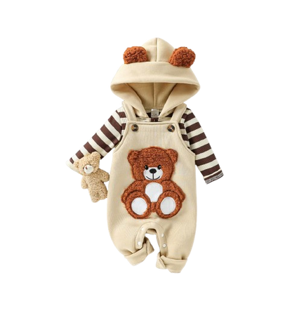 The Dennis - Baby Boy 2-Piece Outfit Set – Long Sleeve Striped Hooded Sweatshirt & Bear Embroidered Overalls