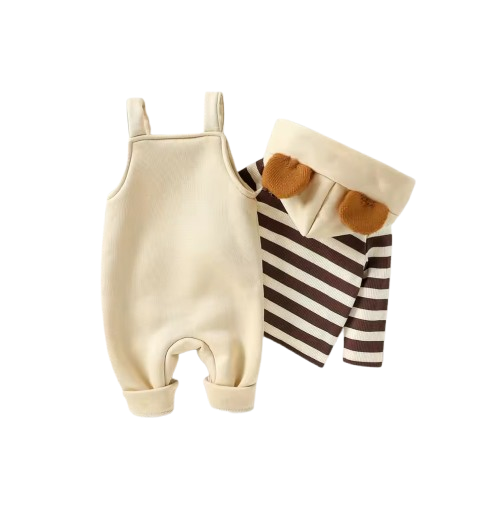 The Dennis - Baby Boy 2-Piece Outfit Set – Long Sleeve Striped Hooded Sweatshirt & Bear Embroidered Overalls