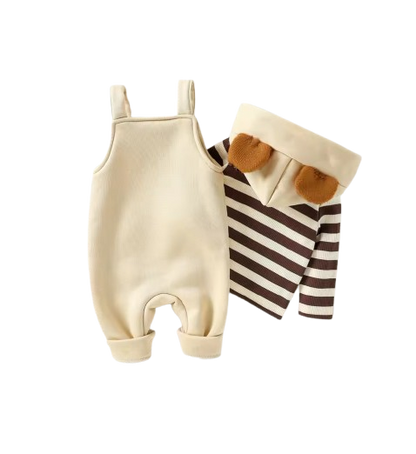 The Dennis - Baby Boy 2-Piece Outfit Set – Long Sleeve Striped Hooded Sweatshirt & Bear Embroidered Overalls
