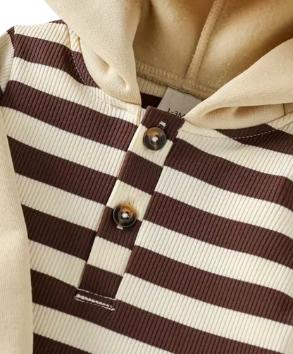 The Dennis - Baby Boy 2-Piece Outfit Set – Long Sleeve Striped Hooded Sweatshirt & Bear Embroidered Overalls