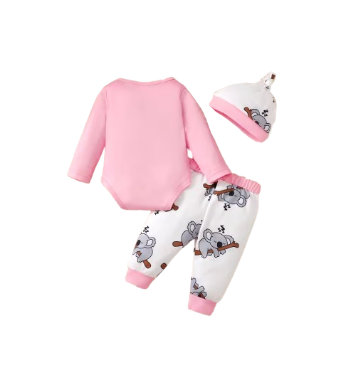 The Angelica - Newborn Baby Girl Koala Outfit 3-Piece Set – Jumpsuit, Pants & Hat