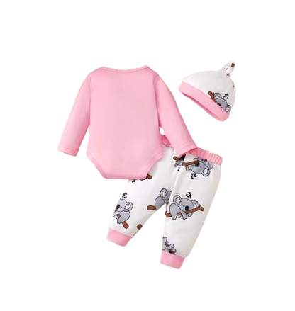 The Angelica - Newborn Baby Girl Koala Outfit 3-Piece Set – Jumpsuit, Pants & Hat
