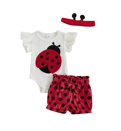 The Analia - Baby Girl 3-Piece Summer Outfit Set – Bee & Ladybug Ruffle Romper, Shorts & Headband