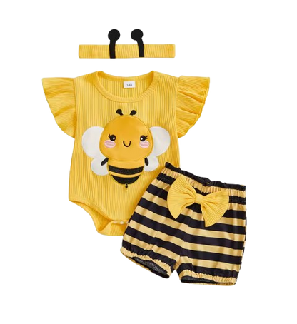 The Analia - Baby Girl 3-Piece Summer Outfit Set – Bee & Ladybug Ruffle Romper, Shorts & Headband