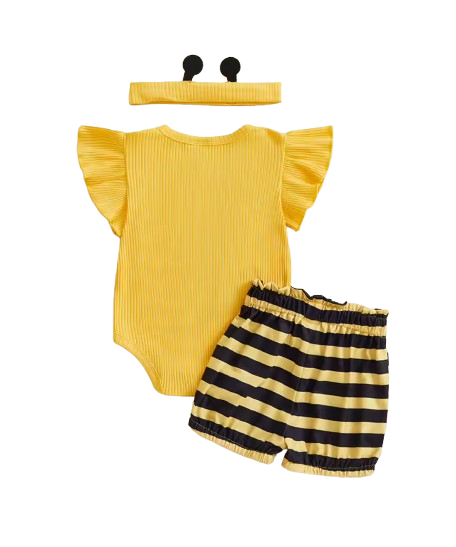The Analia - Baby Girl 3-Piece Summer Outfit Set – Bee & Ladybug Ruffle Romper, Shorts & Headband
